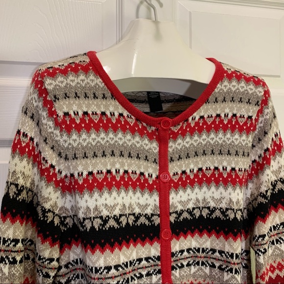 Crystal Kobe Red Black Cream Button Up Sweater L - Picture 2 of 8